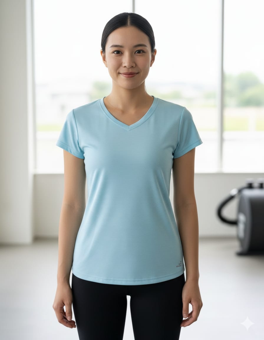 Camiseta Deportiva Celeste Cuello V – Transpirable y Moderna (Usada)