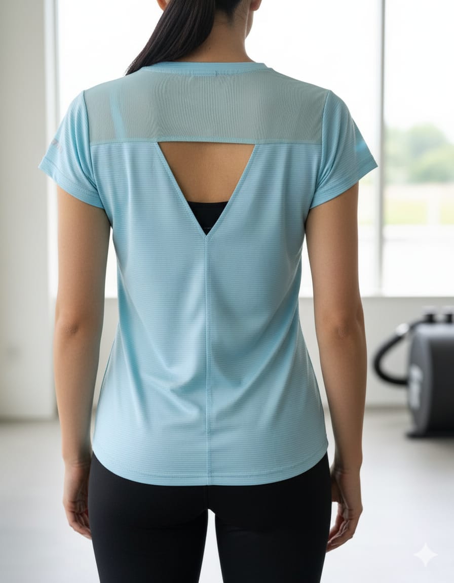 Camiseta Deportiva Celeste Cuello V – Transpirable y Moderna (Usada)