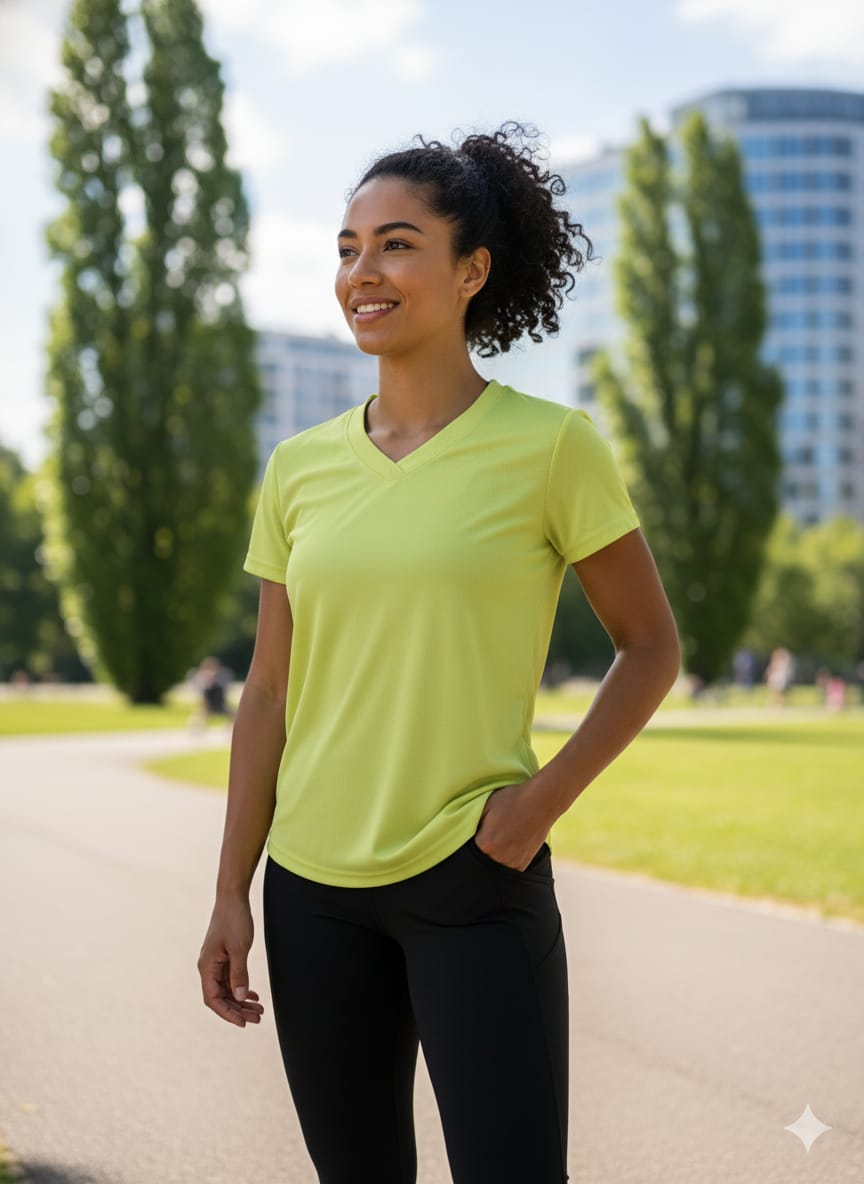 Camiseta Deportiva Amarillo Neón Cuello V – Ligera y Transpirable (Usada)