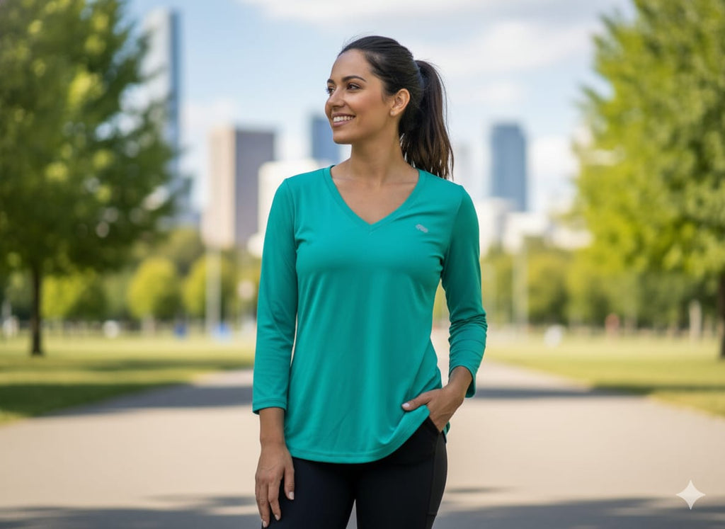 Camiseta Deportiva Verde Manga 3/4 Cuello V – Cómoda y Ligera (Usada)