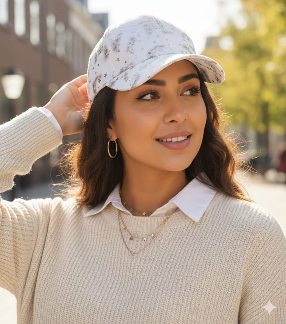 Gorra Baseball Blanca Estrellas y Luna Doradas - Glitter Celestial (Nueva)