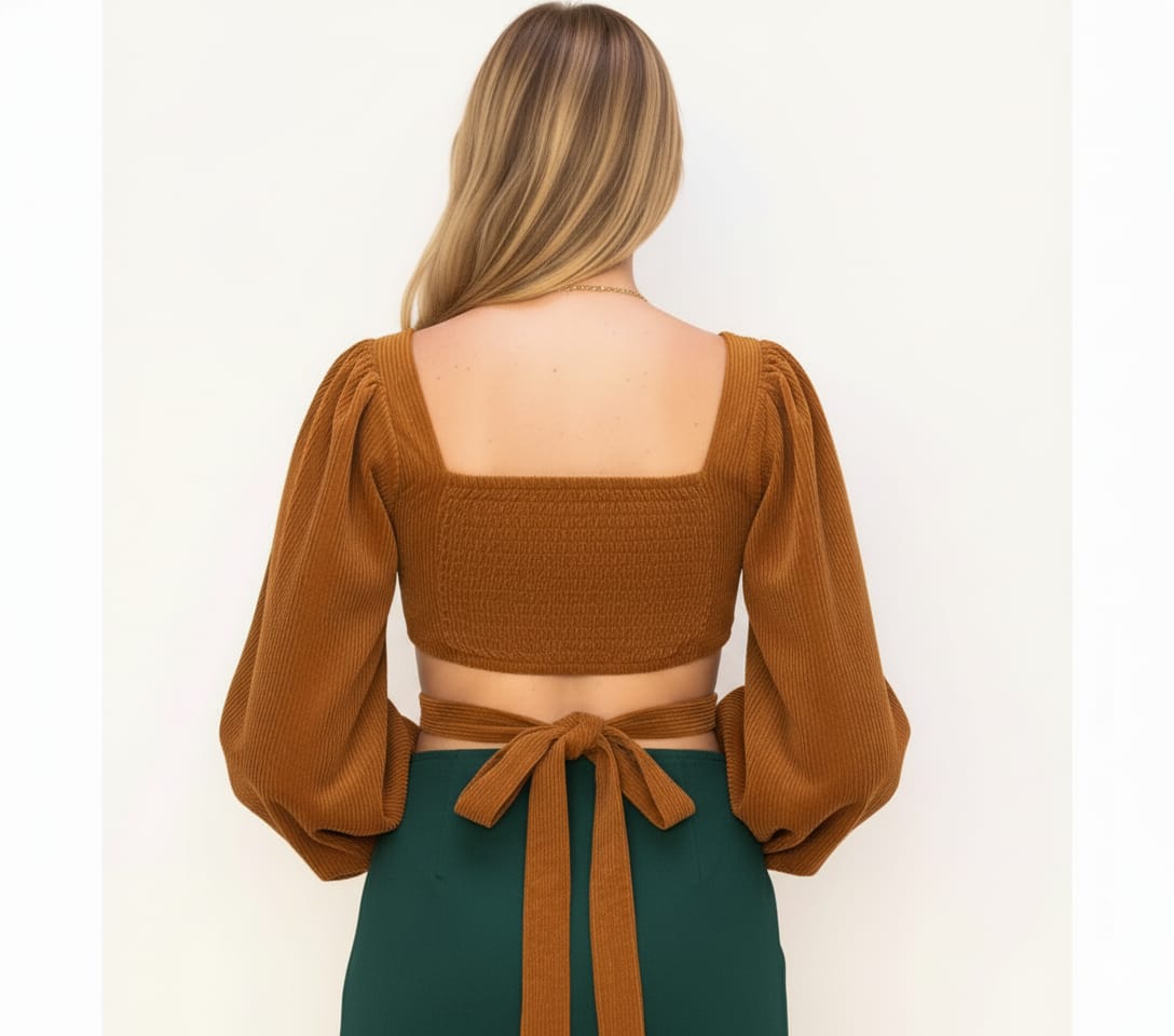 Top Crop Manga Larga Cinturón Café – Estilo Elegante y Versátil (Usado)